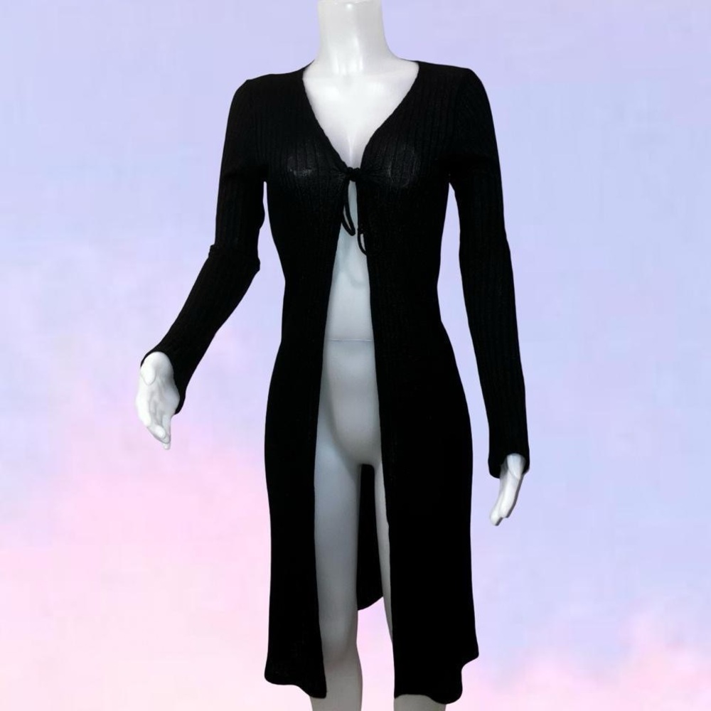 Vintage 90s y2k eye candy Black Ribbed Tie-Front Long Cardigan